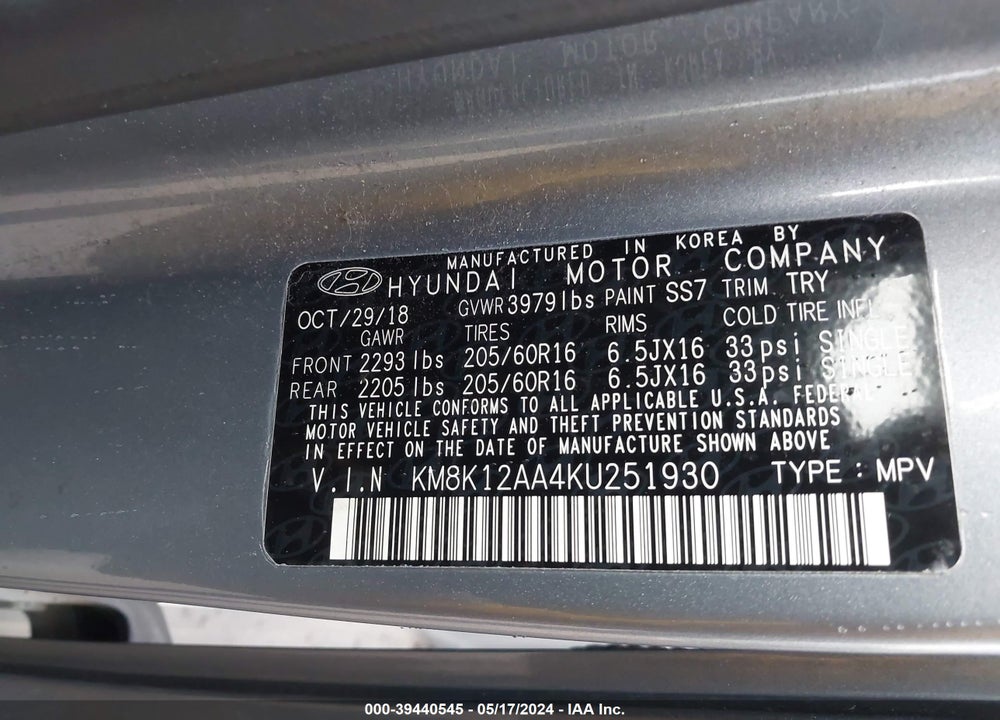 2019 HYUNDAI KONA SE VIN: KM8K12AA4KU251930