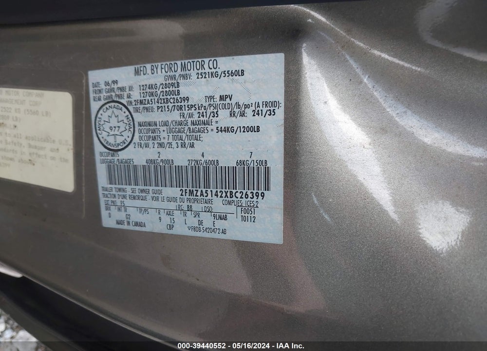 1999 FORD WINDSTAR LX VIN: 2FMZA5142XBC26399