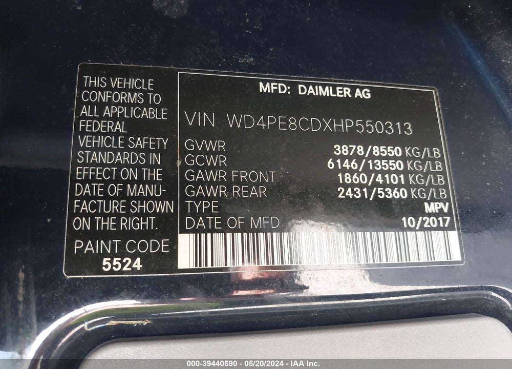 2017 MERCEDES-BENZ SPRINTER 2500 HIGH ROOF V6 VIN: WD4PE8CDXHP550313