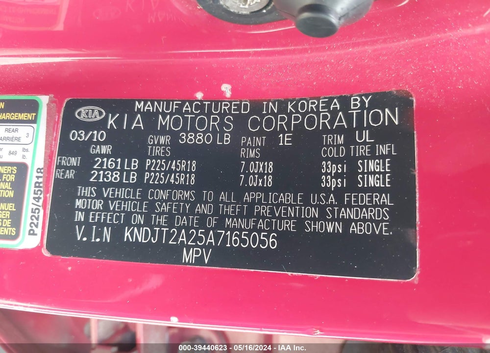 2010 KIA SOUL SPORT VIN: KNDJT2A25A7165056