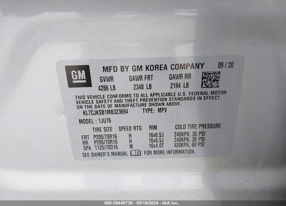 2021 CHEVROLET TRAX FWD LS VIN: KL7CJKSB1MB323694