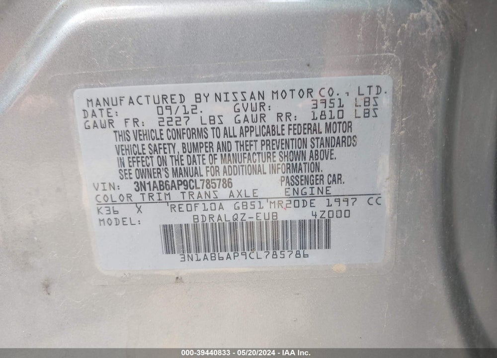 2012 NISSAN SENTRA 2.0 VIN: 3N1AB6AP9CL785786