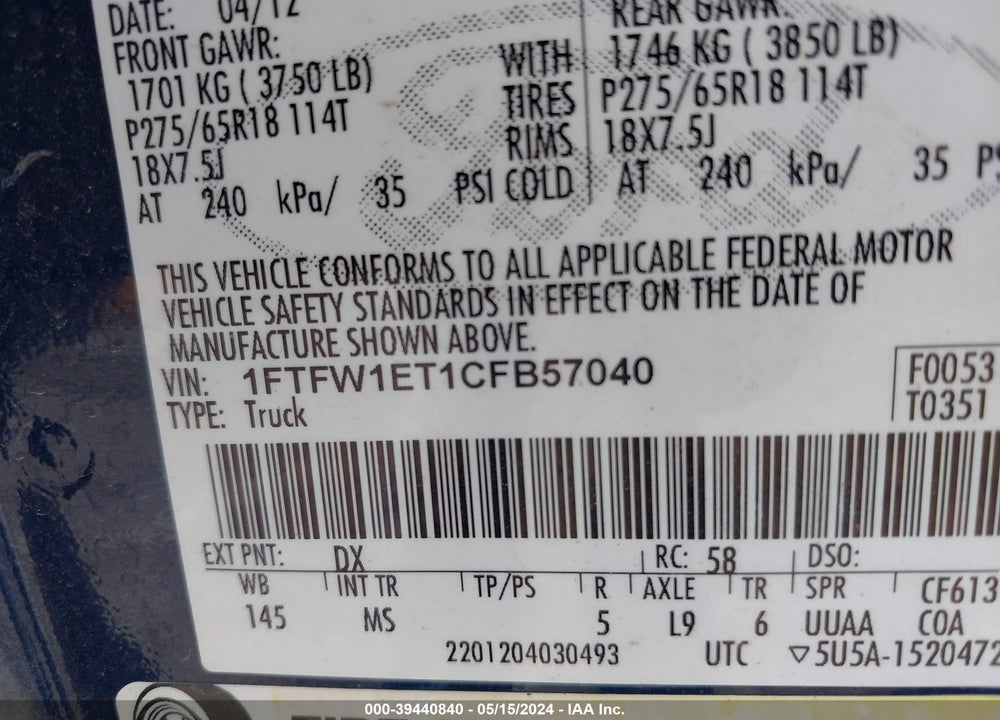 2012 FORD F-150 XLT VIN: 1FTFW1ET1CFB57040