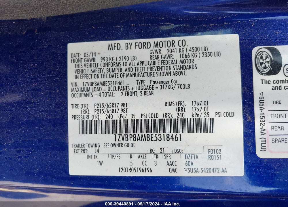 2014 FORD MUSTANG V6 VIN: 1ZVBP8AM8E5318461