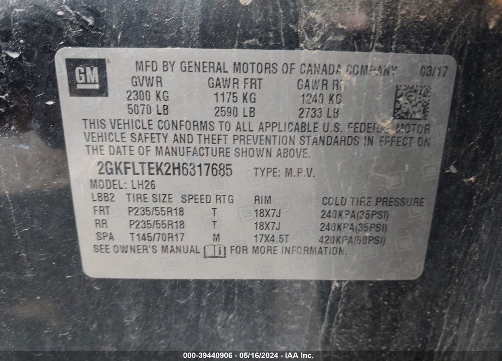 2017 GMC TERRAIN SLE-2 VIN: 2GKFLTEK2H6317685