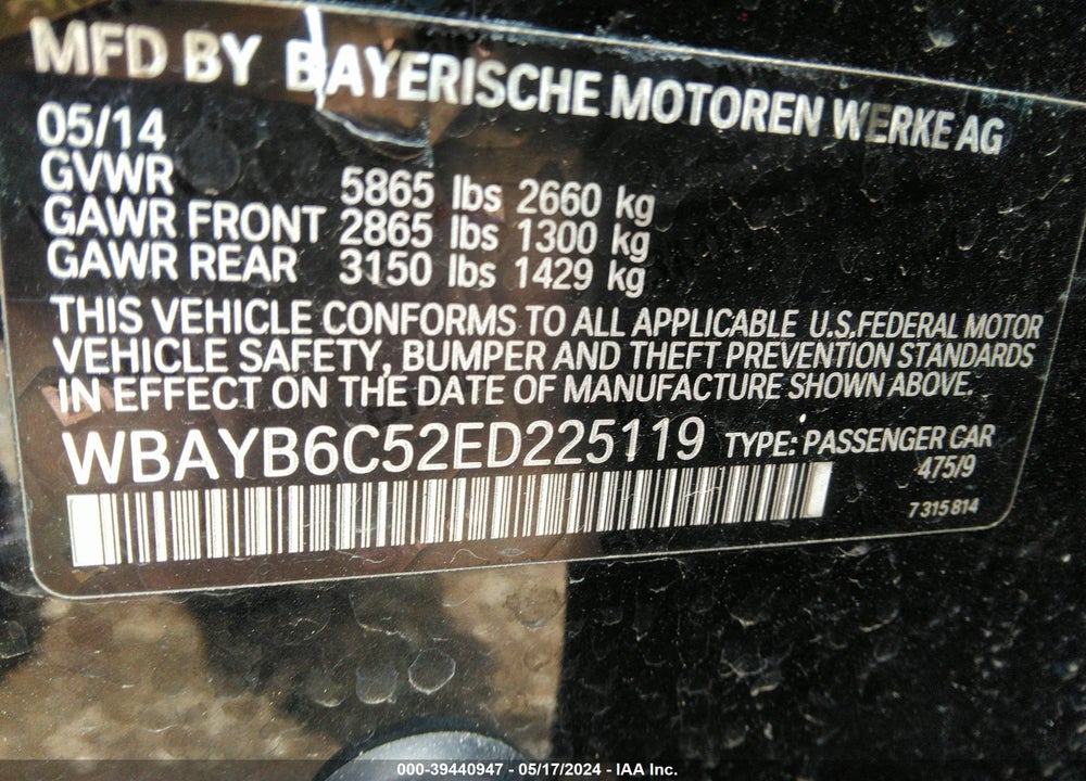 2014 BMW 750I XDRIVE VIN: WBAYB6C52ED225119