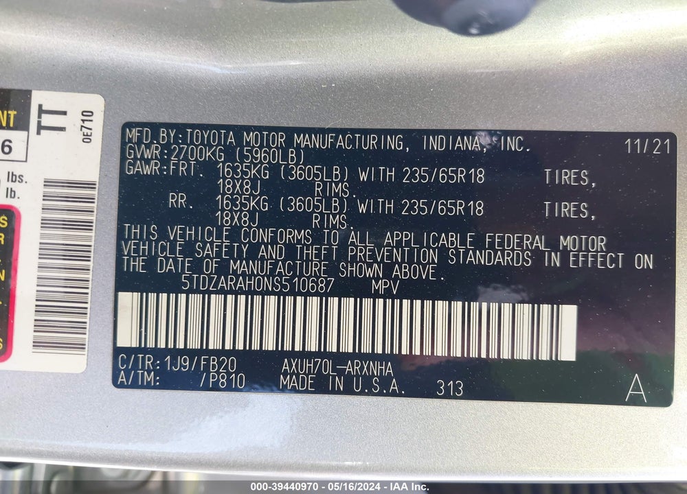 2022 TOYOTA HIGHLANDER HYBRID LE VIN: 5TDZARAH0NS510687