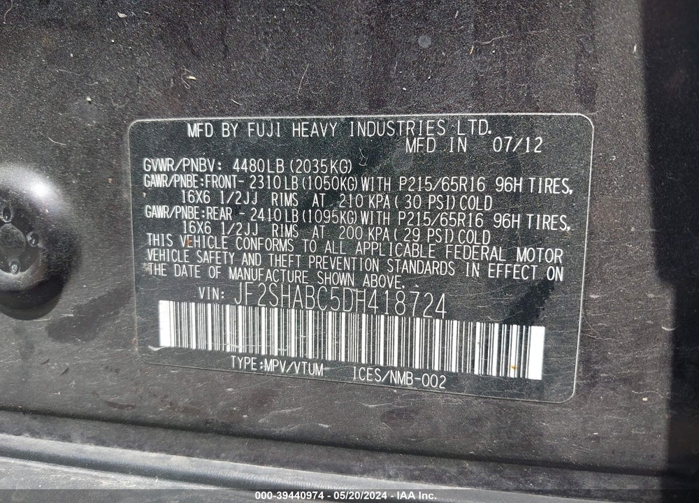 2013 SUBARU FORESTER 2.5X VIN: JF2SHABC5DH418724