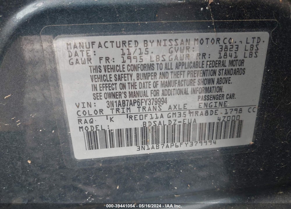 2015 NISSAN SENTRA SV VIN: 3N1AB7AP6FY379994