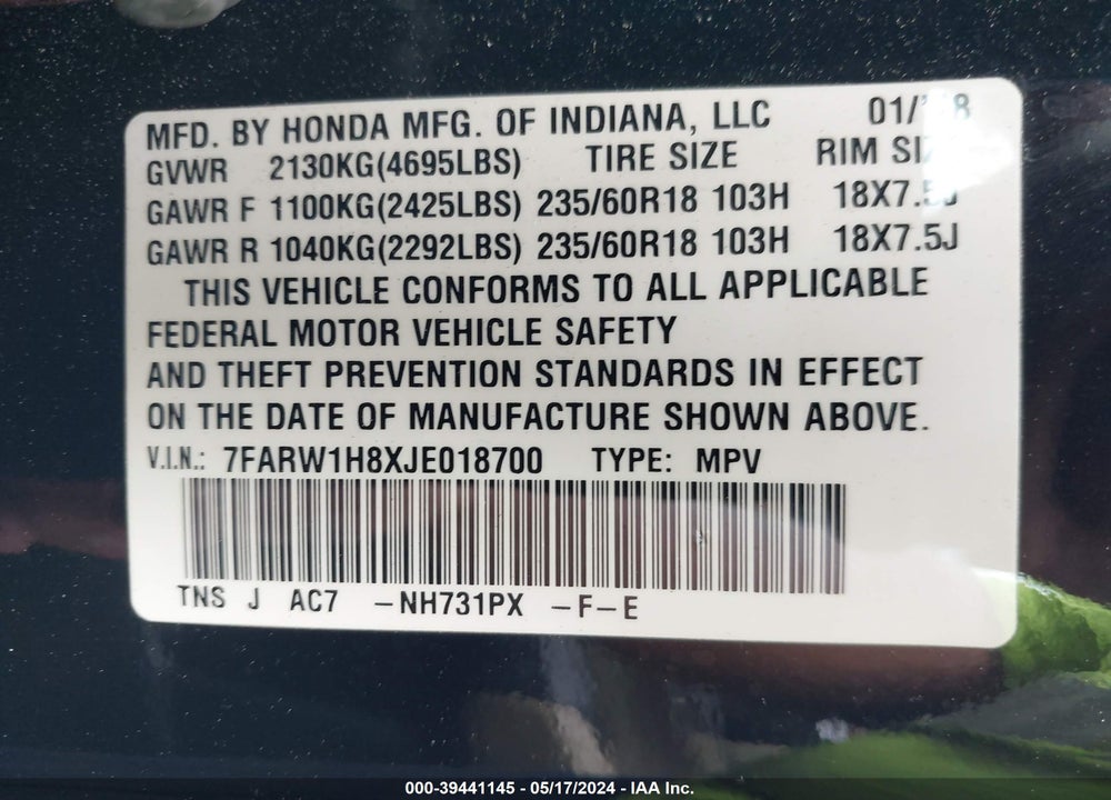 2018 HONDA CR-V EX-L/EX-L NAVI VIN: 7FARW1H8XJE018700