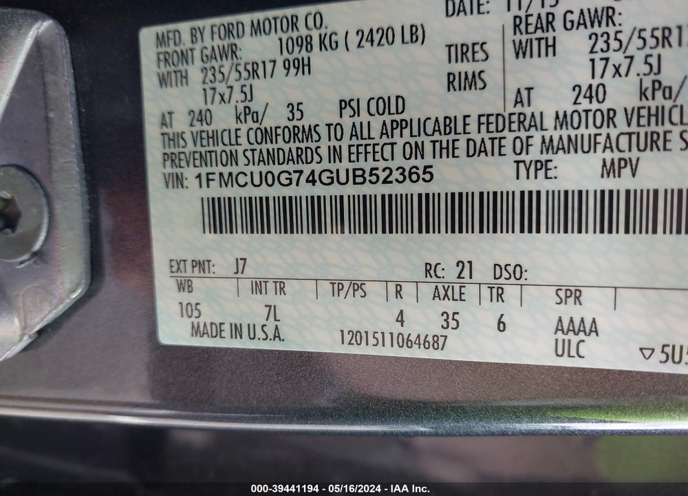 2016 FORD ESCAPE SE VIN: 1FMCU0G74GUB52365