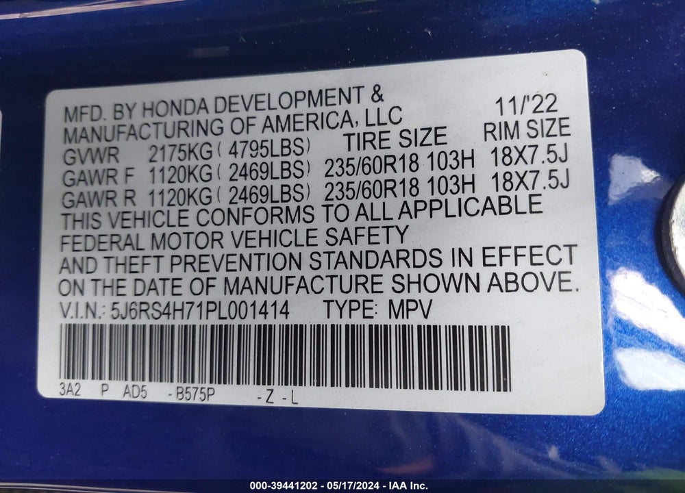 2023 HONDA CR-V EX-L AWD VIN: 5J6RS4H71PL001414