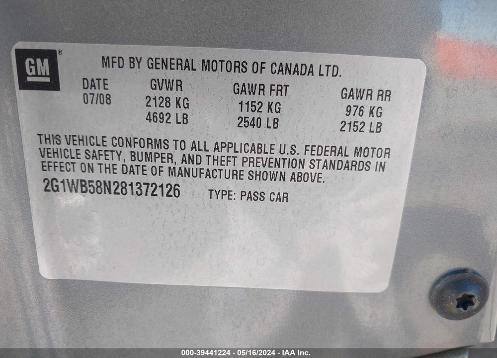 2008 CHEVROLET IMPALA LS VIN: 2G1WB58N281372126