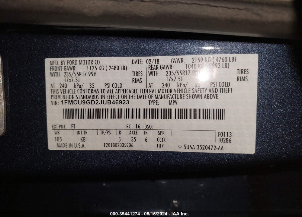 2018 FORD ESCAPE SE VIN: 1FMCU9GD2JUB46923