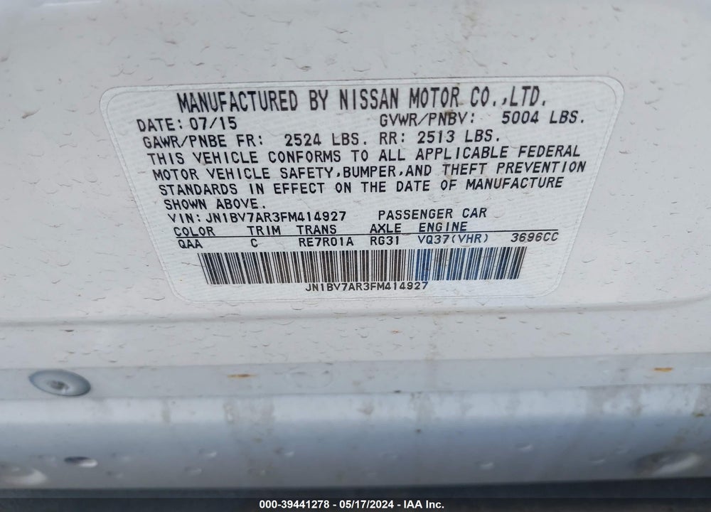 2015 INFINITI Q50 PREMIUM VIN: JN1BV7AR3FM414927