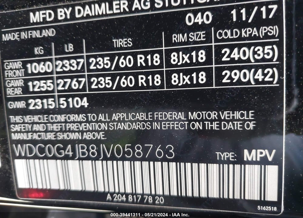 2018 MERCEDES-BENZ GLC 300 VIN: WDC0G4JB8JV058763