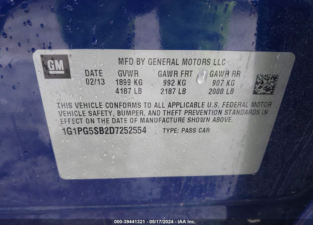 2013 CHEVROLET CRUZE LTZ VIN: 1G1PG5SB2D7252554