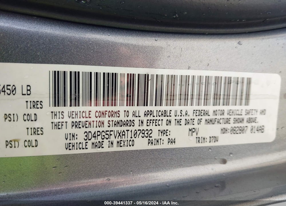 2010 DODGE JOURNEY SXT VIN: 3D4PG5FVXAT107932