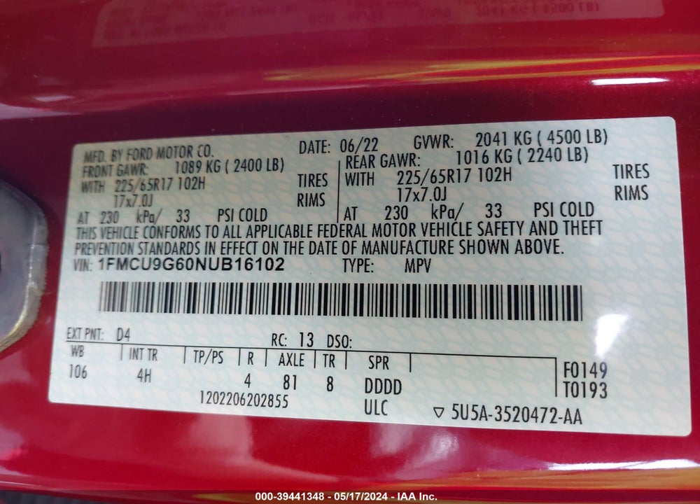 2022 FORD ESCAPE VIN: 1FMCU9G60NUB16102