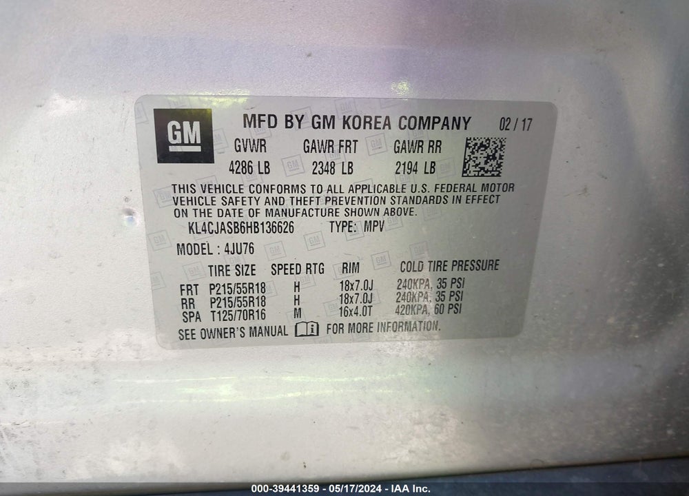 2017 BUICK ENCORE PREFERRED VIN: KL4CJASB6HB136626