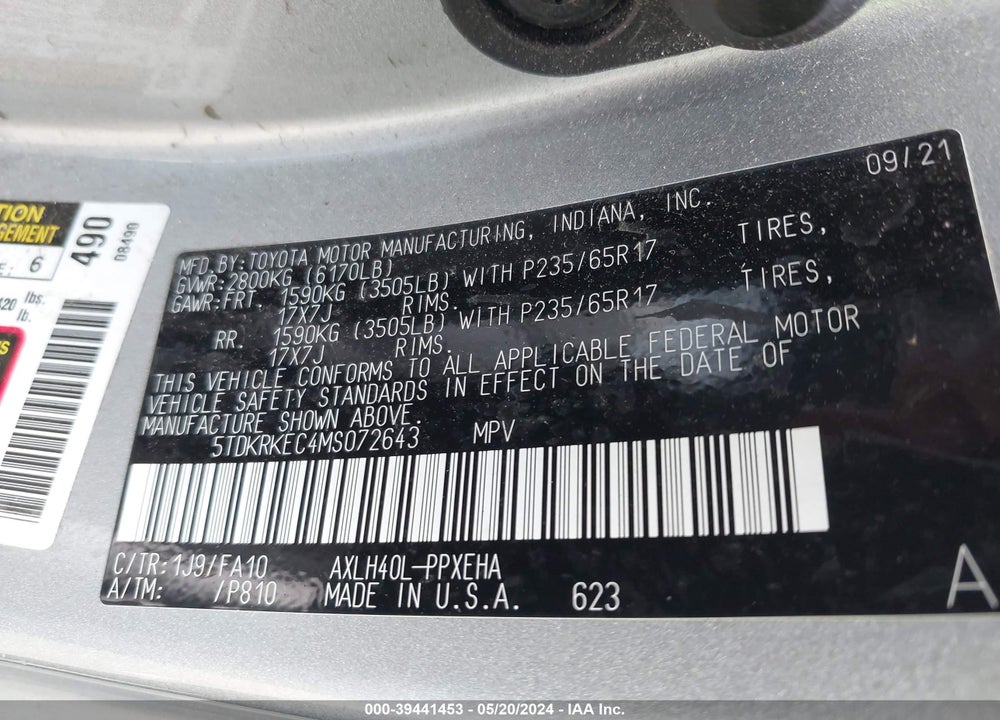 2021 TOYOTA SIENNA LE VIN: 5TDKRKEC4MS072643