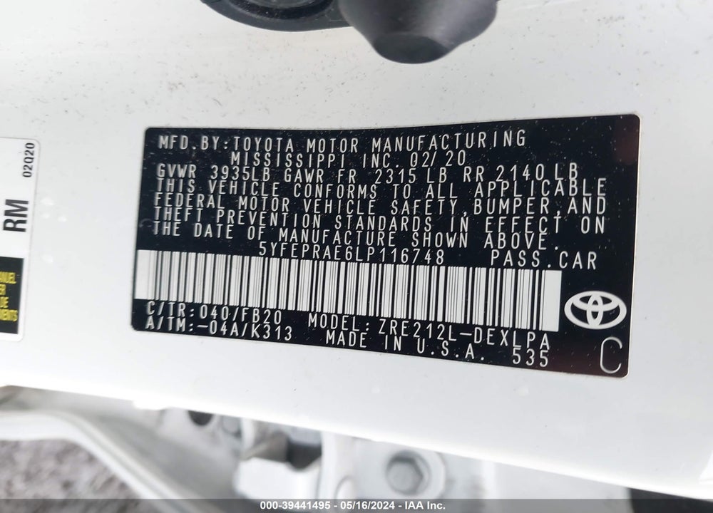 2020 TOYOTA COROLLA VIN: 5YFEPRAE6LP116748
