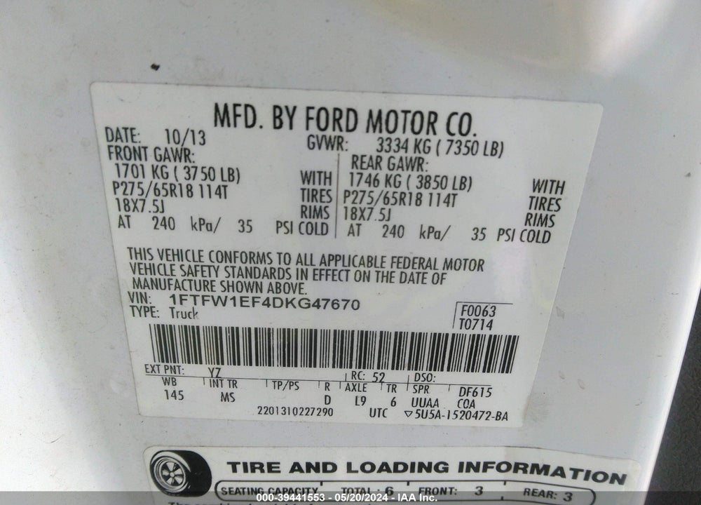 2013 FORD F-150 XLT VIN: 1FTFW1EF4DKG47670