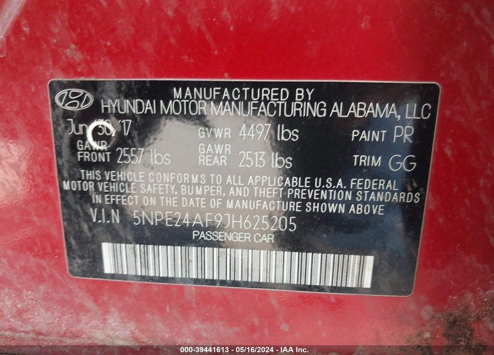 2018 HYUNDAI SONATA SE VIN: 5NPE24AF9JH625205