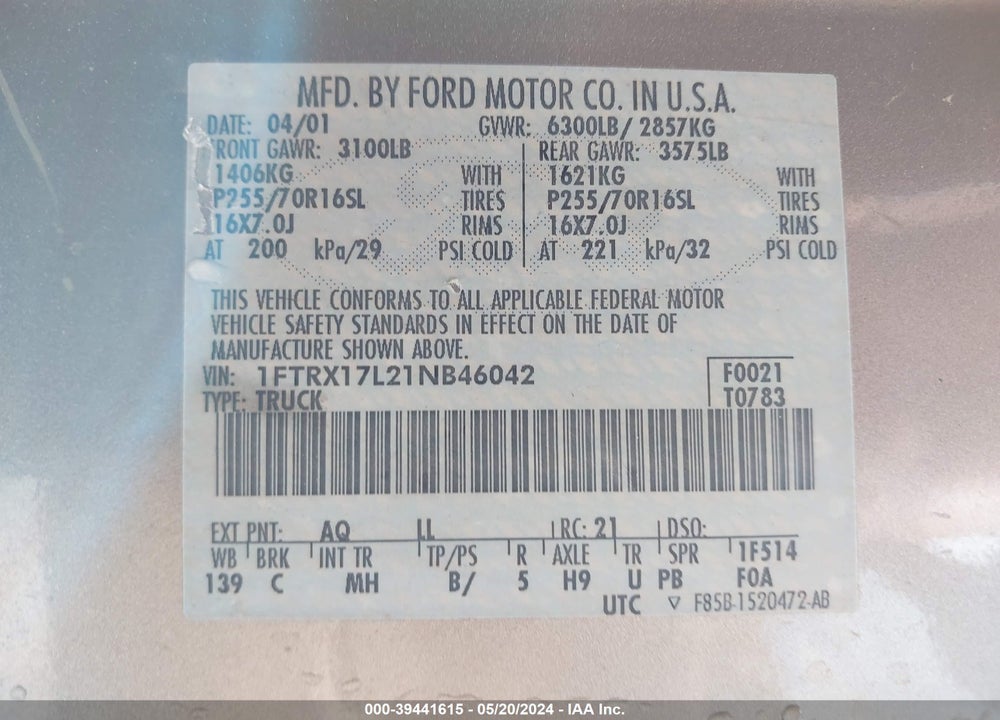 2001 FORD F-150 LARIAT/XL/XLT VIN: 1FTRX17L21NB46042