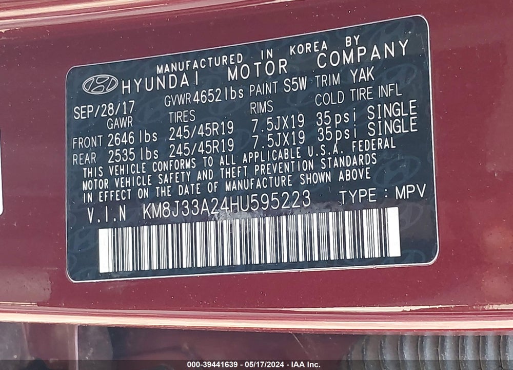 2017 HYUNDAI TUCSON LIMITED VIN: KM8J33A24HU595223