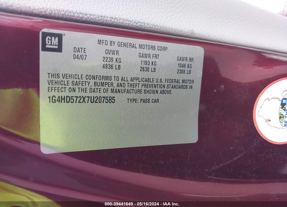 2007 BUICK LUCERNE CXL VIN: 1G4HD572X7U207585