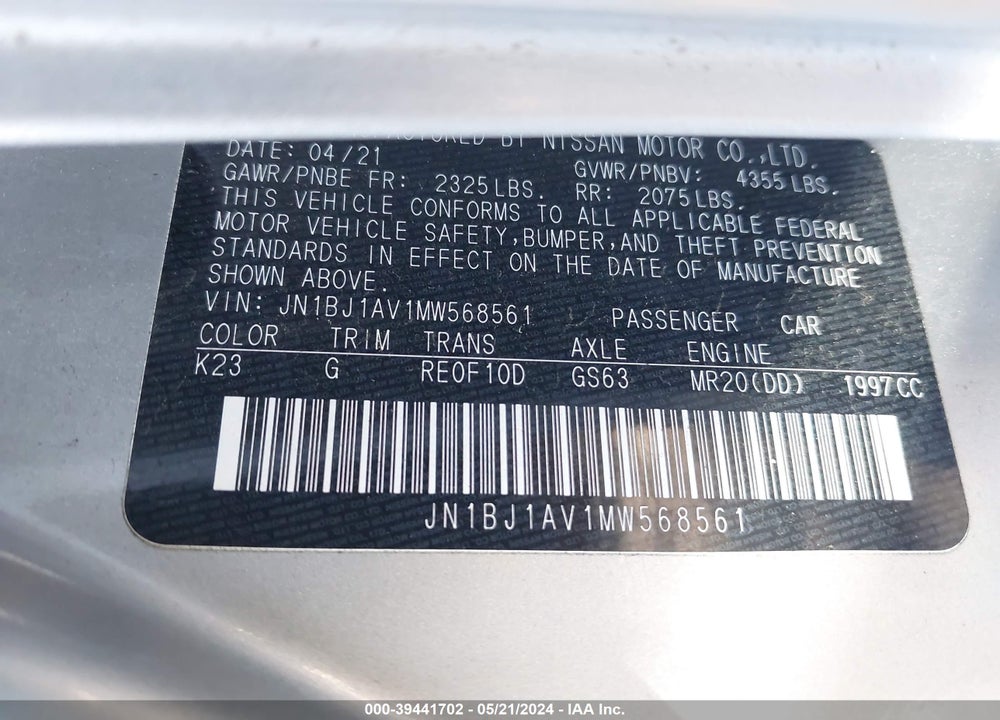 2021 NISSAN ROGUE SPORT VIN: JN1BJ1AV1MW568561