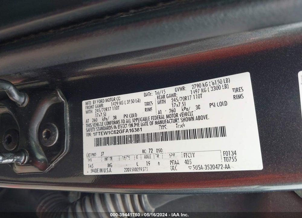 2016 FORD F-150 XLT VIN: 1FTEW1C82GFA16381