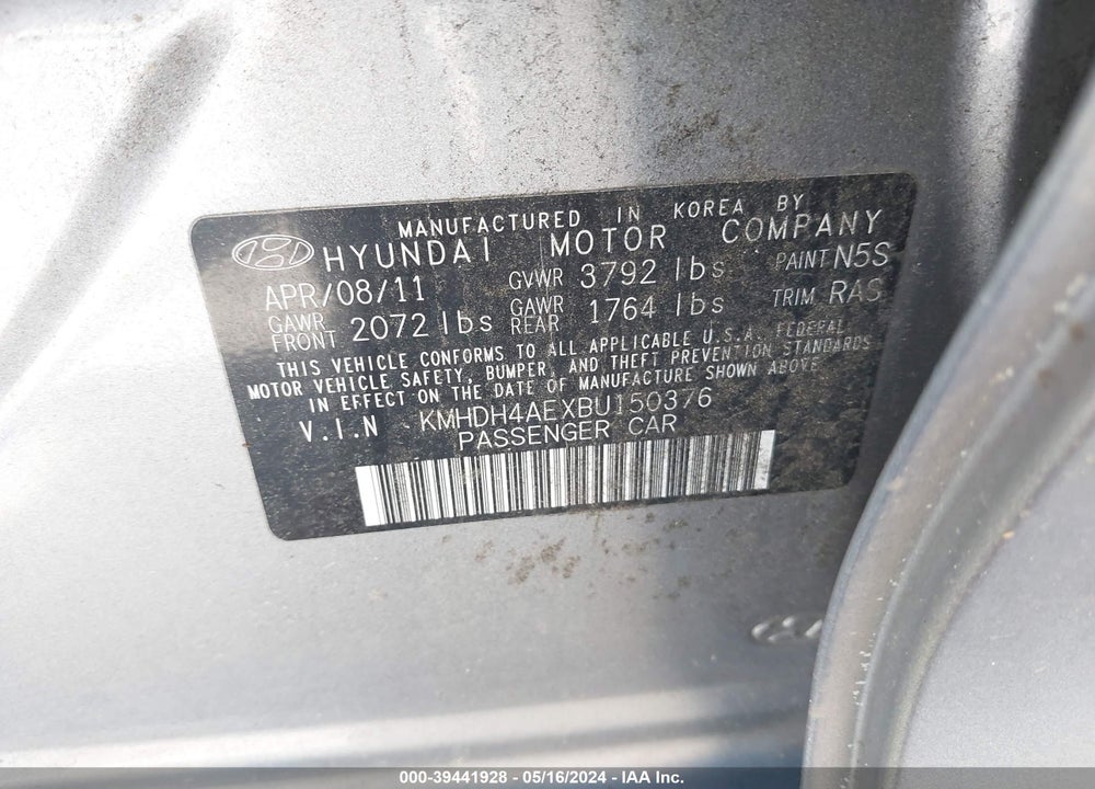 2011 HYUNDAI ELANTRA GLS (ULSAN PLANT) VIN: KMHDH4AEXBU150376