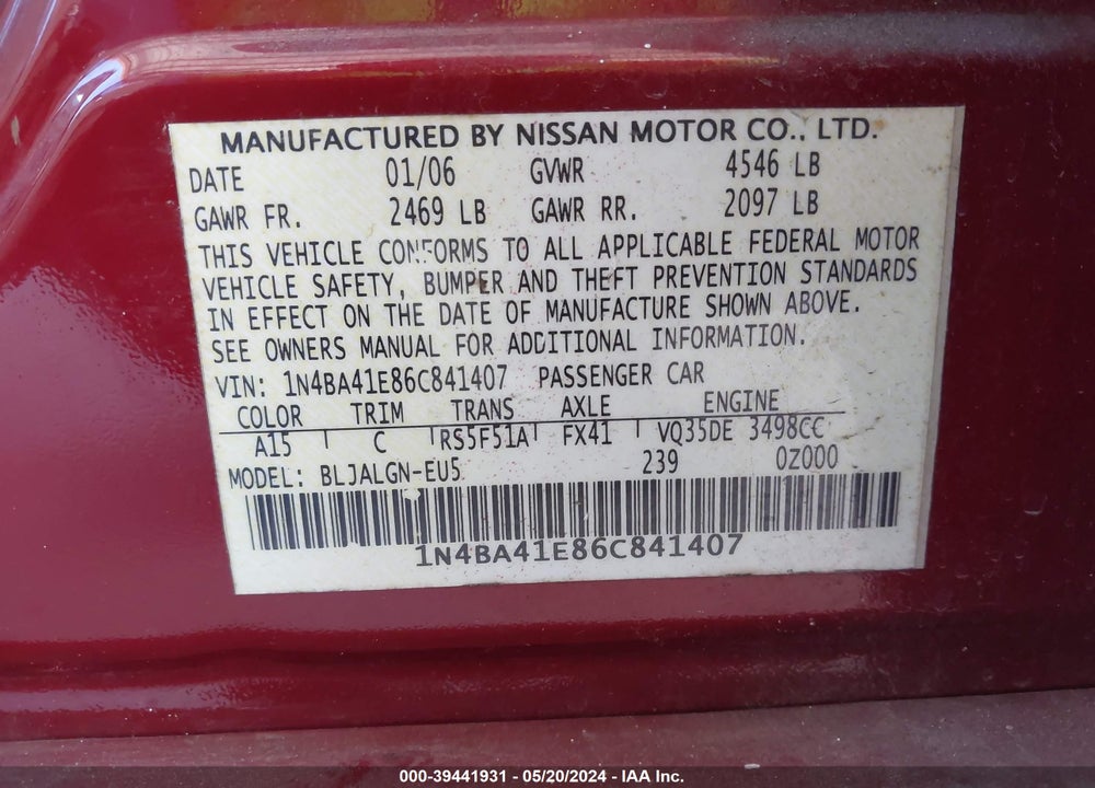 2006 NISSAN MAXIMA 3.5 SL VIN: 1N4BA41E86C841407