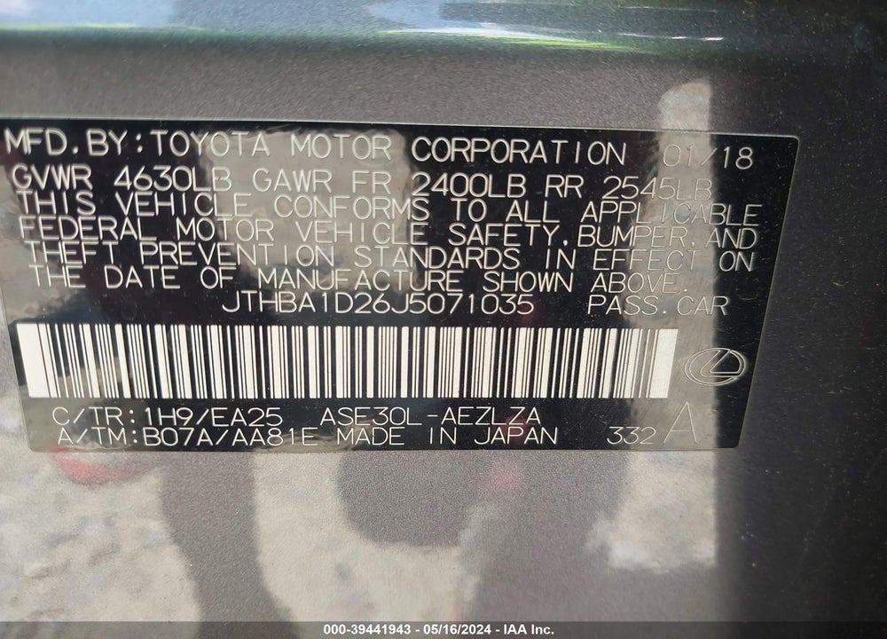 2018 LEXUS IS 300 VIN: JTHBA1D26J5071035