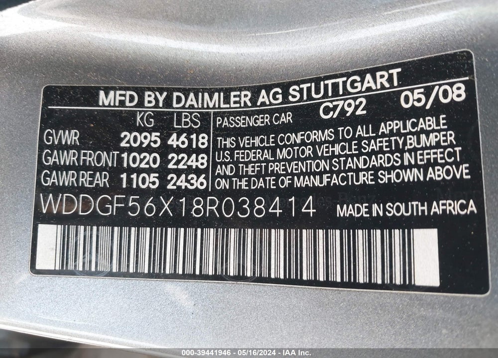 2008 MERCEDES-BENZ C 350 SPORT VIN: WDDGF56X18R038414