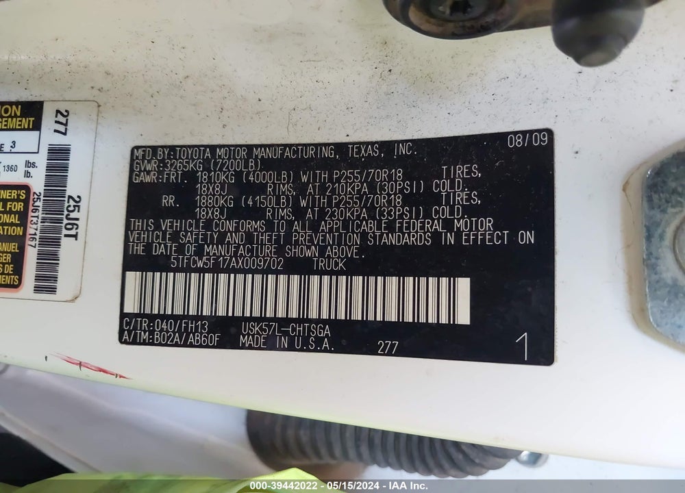 2010 TOYOTA TUNDRA GRADE 5.7L V8 VIN: 5TFCW5F17AX009702