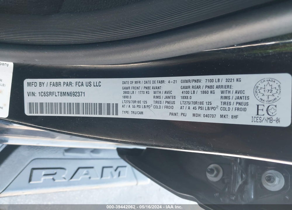 2021 RAM 1500 VIN: 1C6SRFLT8MN692371
