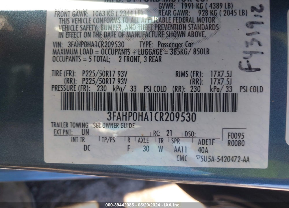 2012 FORD FUSION SE VIN: 3FAHP0HA1CR209530