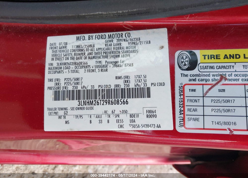 2009 LINCOLN MKZ VIN: 3LNHM26T29R608566