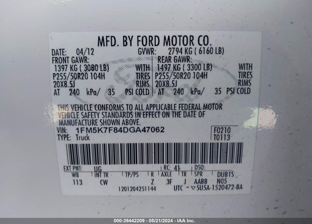 2013 FORD EXPLORER LIMITED VIN: 1FM5K7F84DGA47062