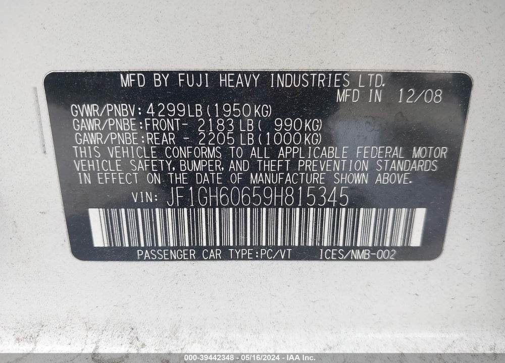 2009 SUBARU IMPREZA 2.5I VIN: JF1GH60659H815345