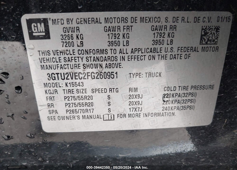 2015 GMC SIERRA 1500 SLT VIN: 3GTU2VEC2FG260951
