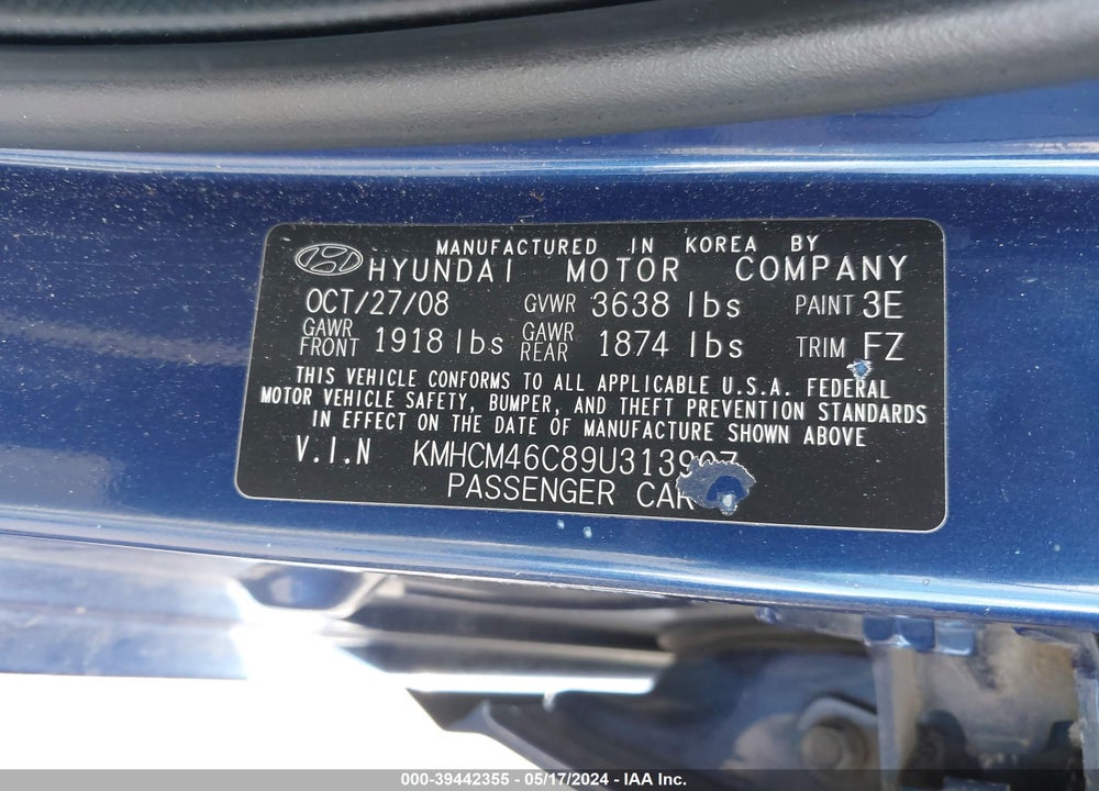 2009 HYUNDAI ACCENT VIN: KMHCM46C89U313907