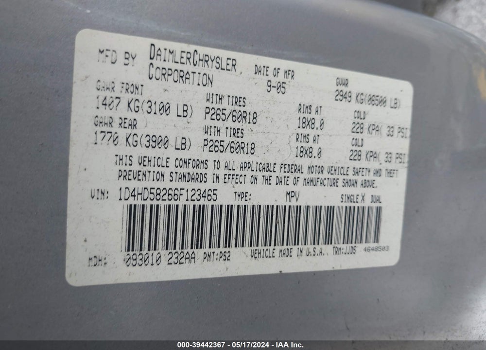 2006 DODGE DURANGO VIN: 1D4HD58266F123465