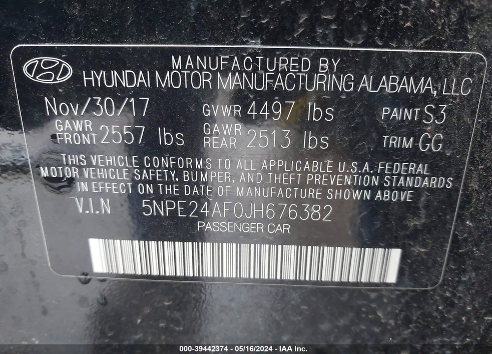 2018 HYUNDAI SONATA SE VIN: 5NPE24AF0JH676382