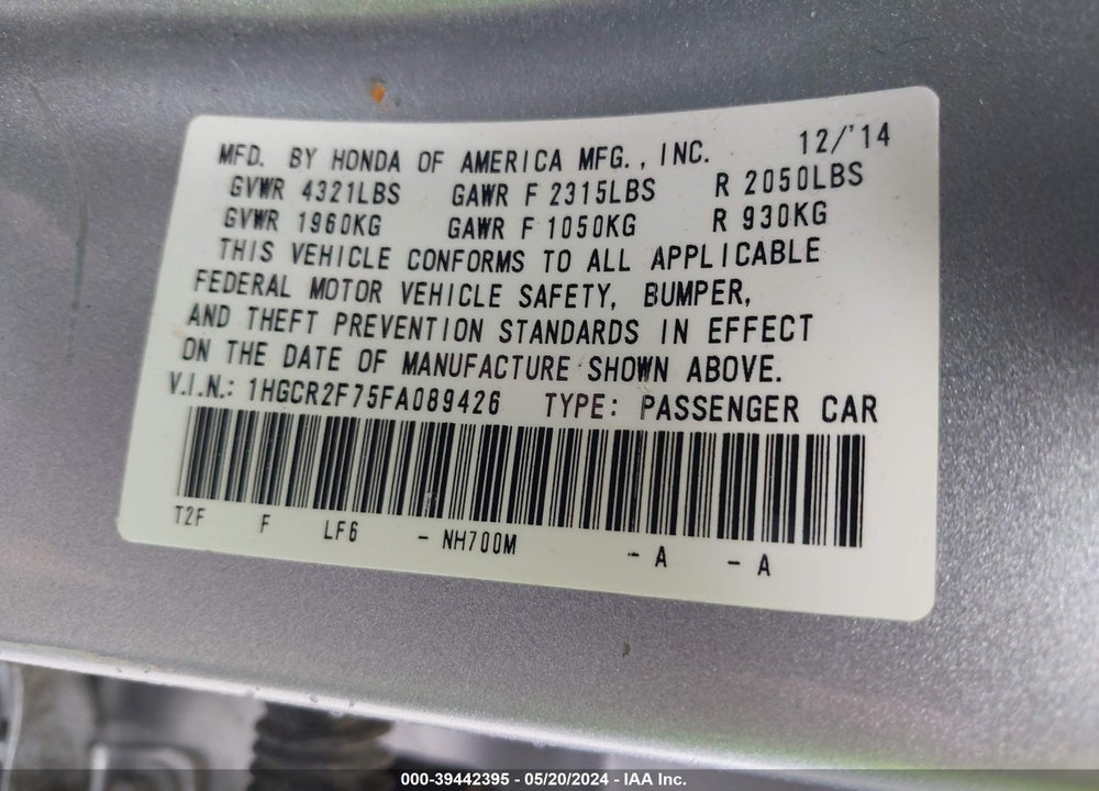 2015 HONDA ACCORD EX VIN: 1HGCR2F75FA089426