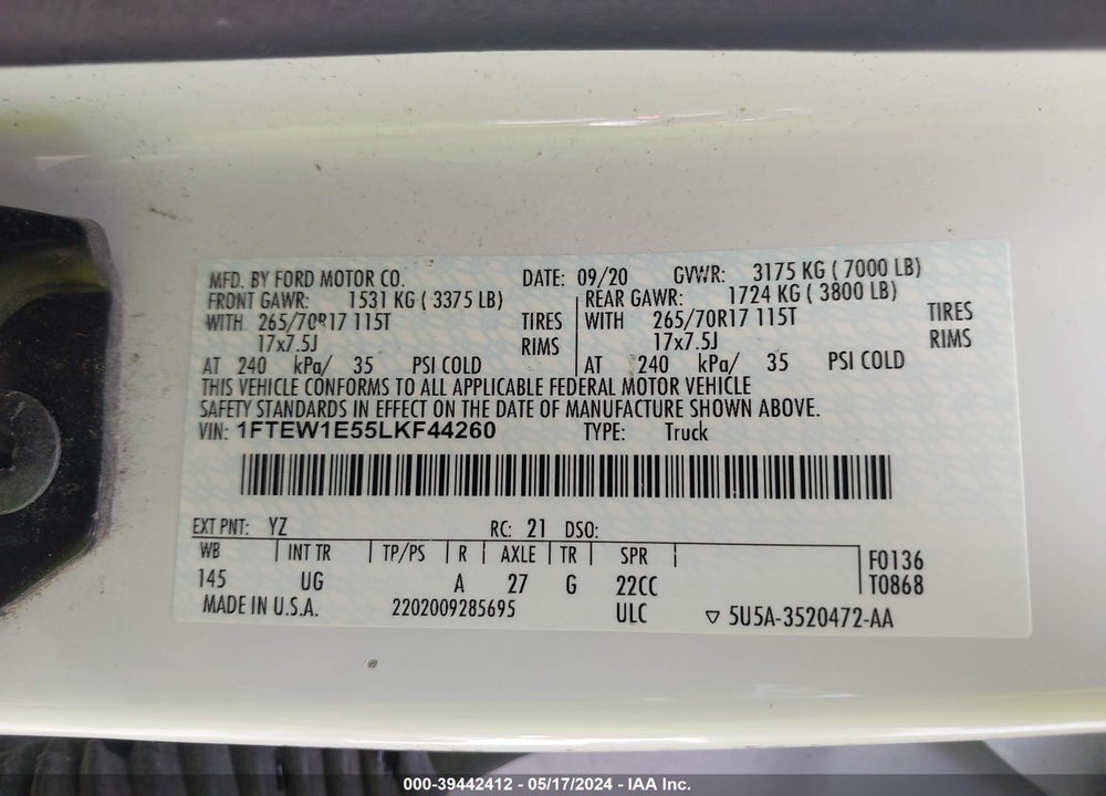 2020 FORD F-150 XLT VIN: 1FTEW1E55LKF44260