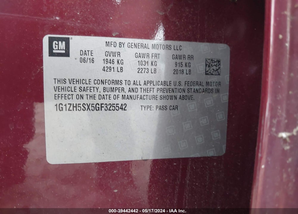 2016 CHEVROLET MALIBU PREMIER VIN: 1G1ZH5SX5GF325542